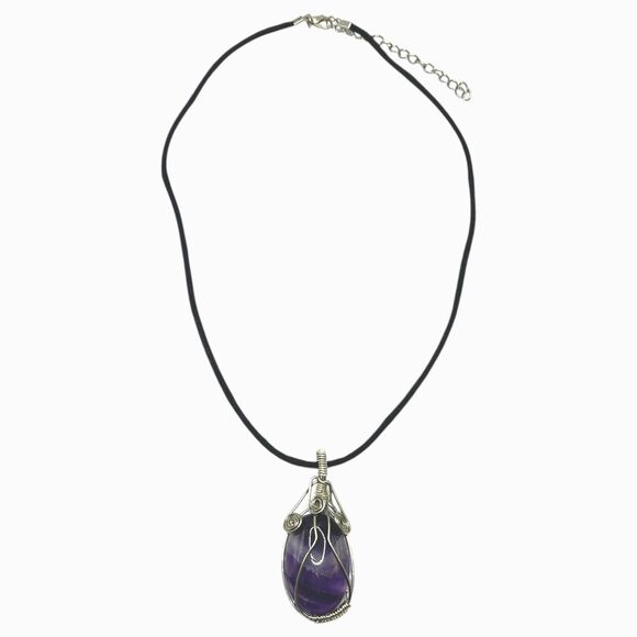Wire Wrapped Purple Stone Pendant Necklace Black Cord Bohemian Mineral Jewelry - Picture 8 of 9